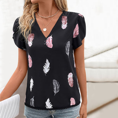 Feather Print Blouse with V-Neck and Puff Sleeves