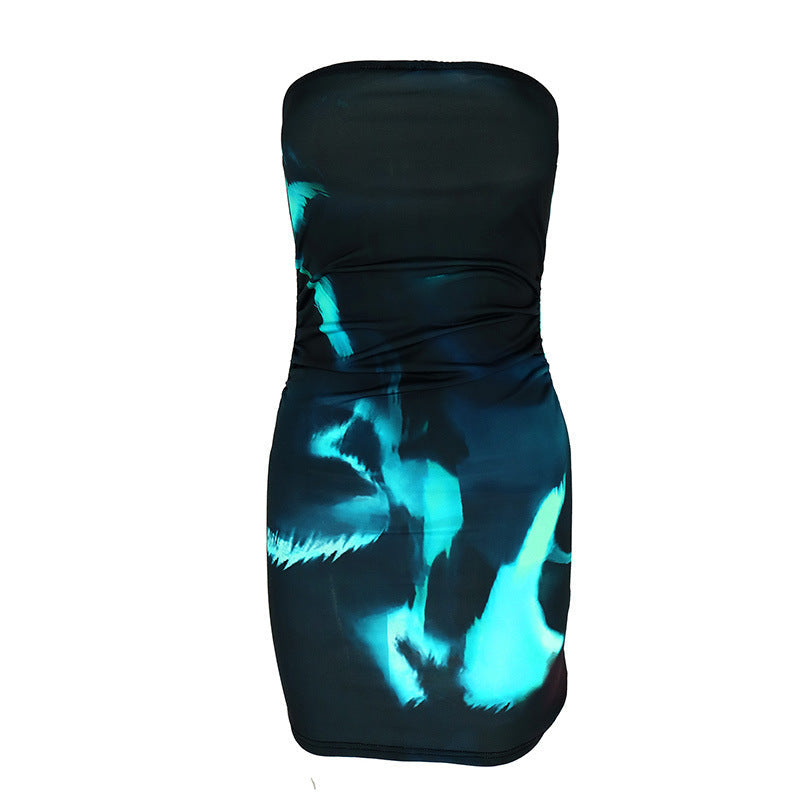 Ruched Strapless Bodycon Mini Dress with Abstract Floral Print