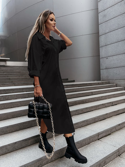 Loose Collared Midi Shirt Dress with Button Front