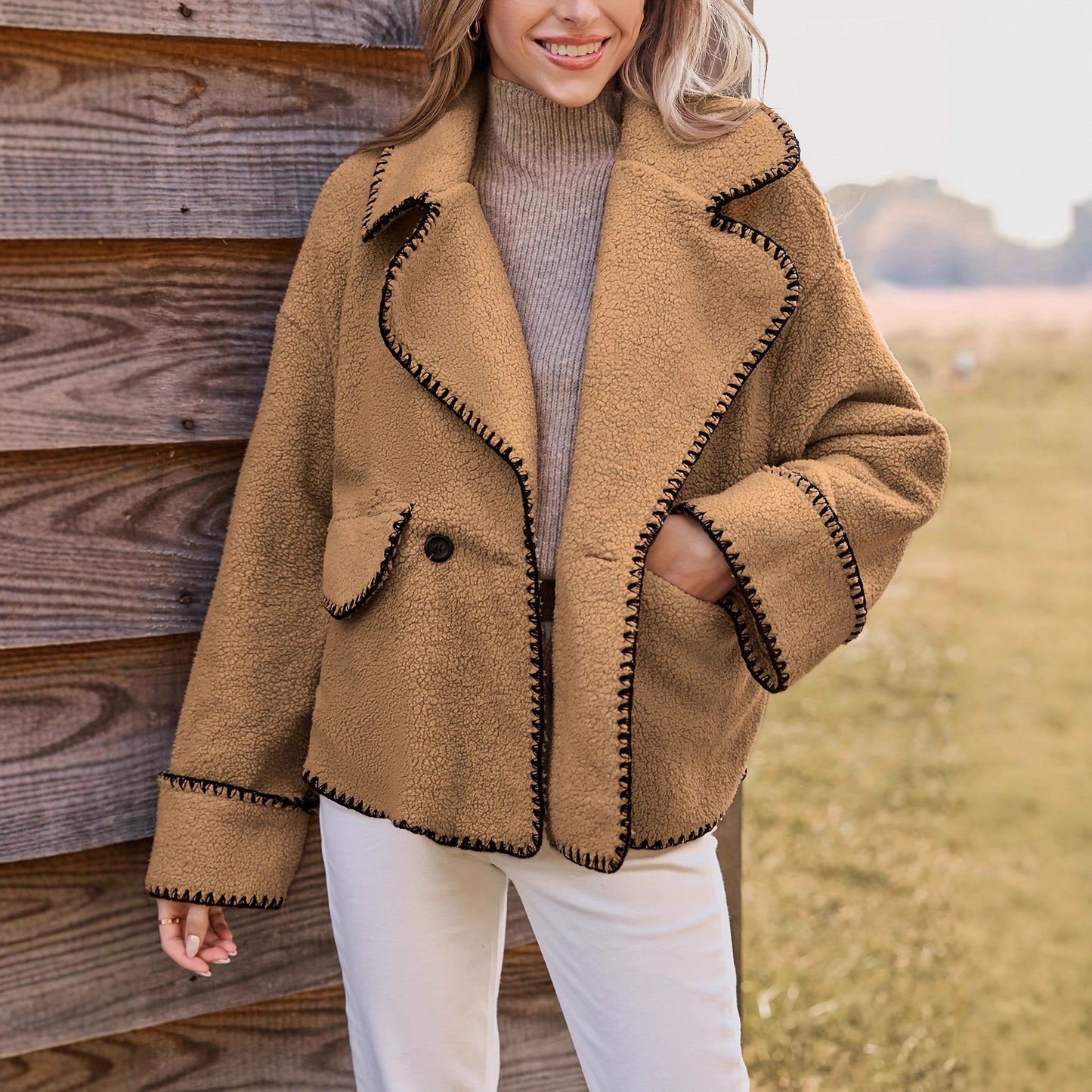 Loose Sherpa Jacket with Large Lapel and Contrast Stitching