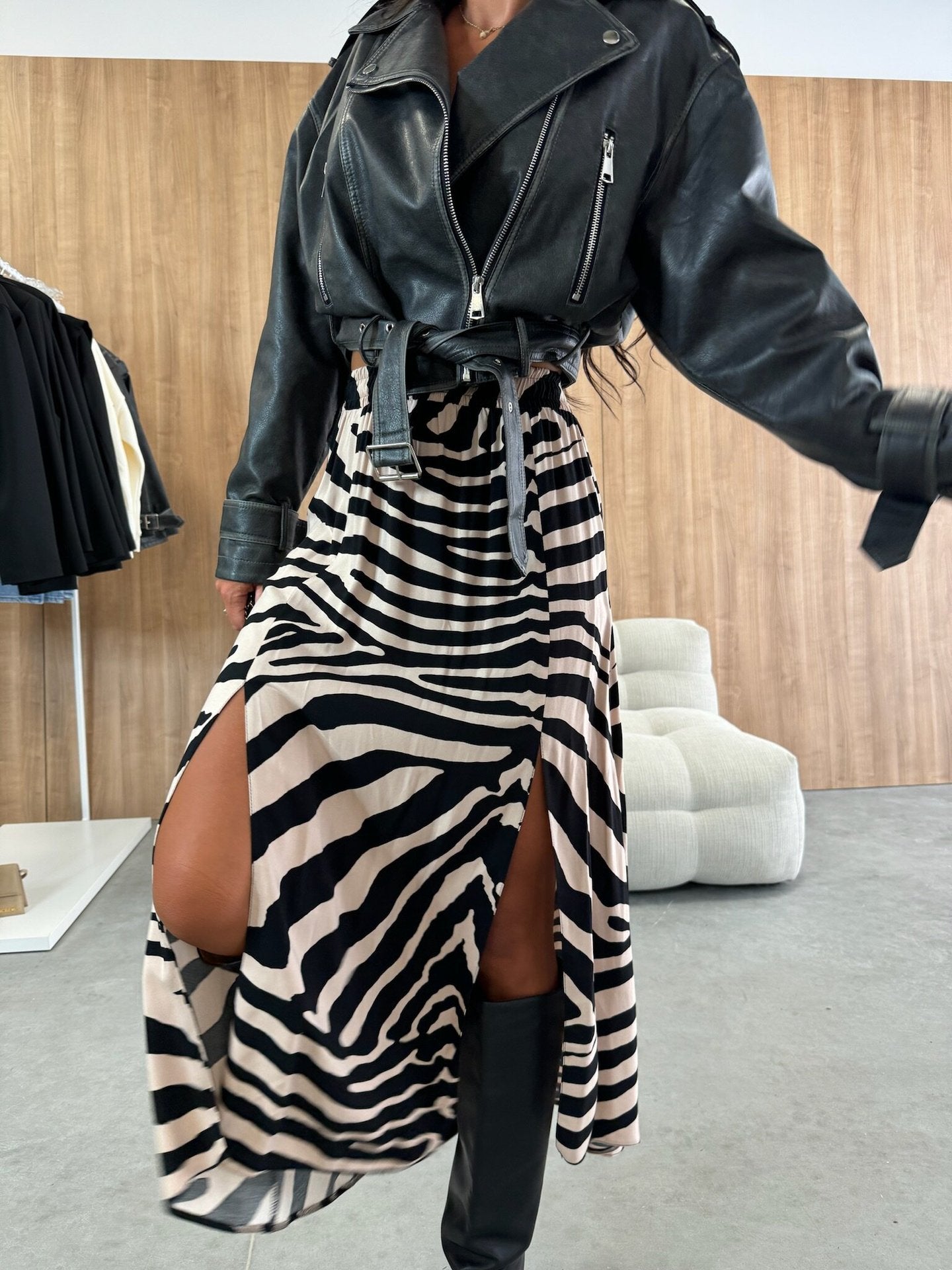 Printed A-Line Long Skirt with High-Waist and Side Split