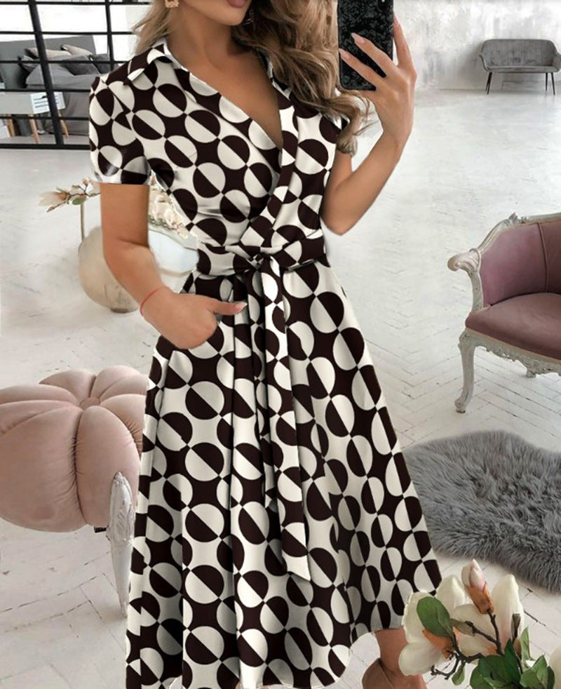 Solid Wrap Midi Dress with Collared V-Neck and Tie-Waist