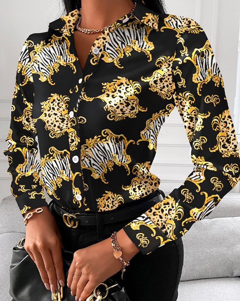 Scarf Print Long Sleeve Button-Down Shirt with Lapel