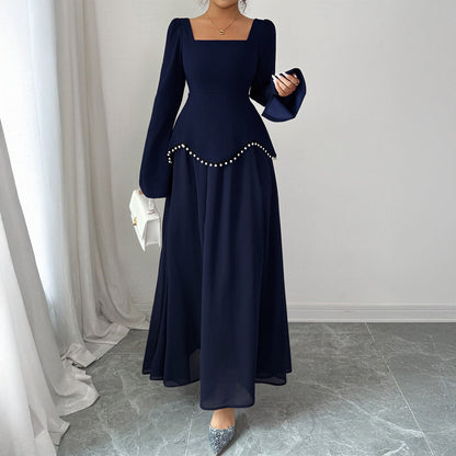 Solid A-Line Maxi Dress with Square Neck and Pearl Peplum