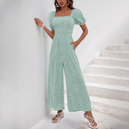 Floral Wide-Leg Jumpsuit with Square Neck and Puff Sleeves