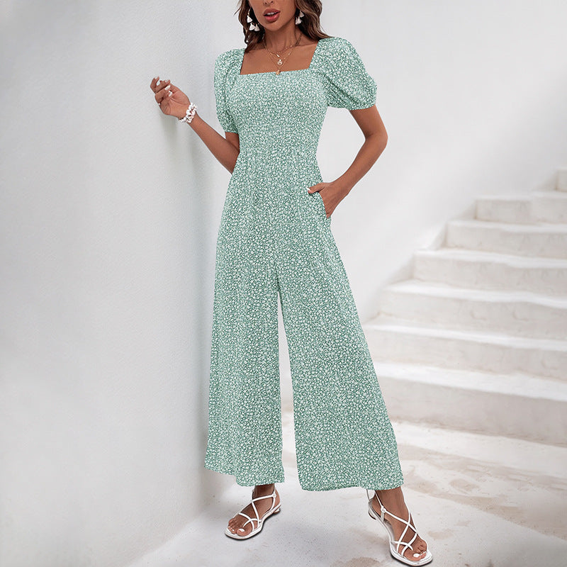 Smocked Floral Jumpsuit with Square Neck and Wide Legs