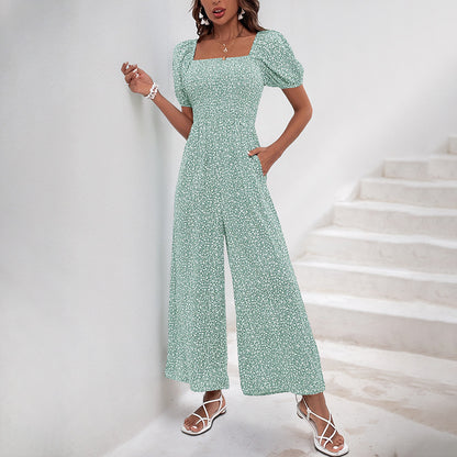 Smocked Floral Jumpsuit with Square Neck and Wide Legs