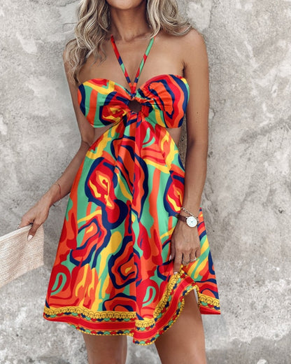 Printed Mini Dress with Halter Neck and Cut-out Waist