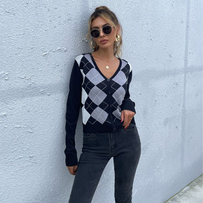 Argyle Pattern Knit Cardigan with V-Neck and Button Front