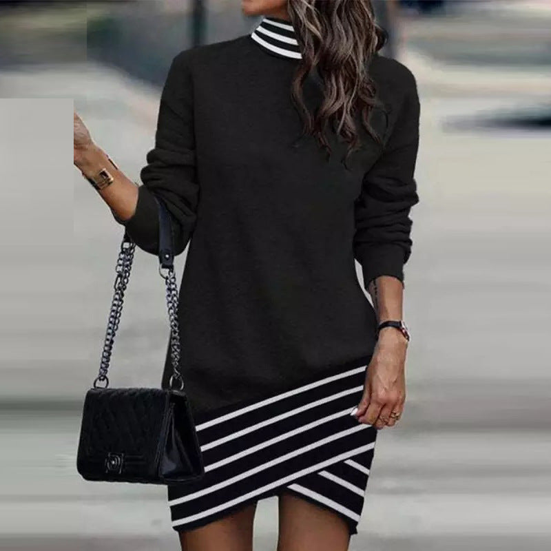 Spliced Mock Neck Dress with Irregular Leopard Hem