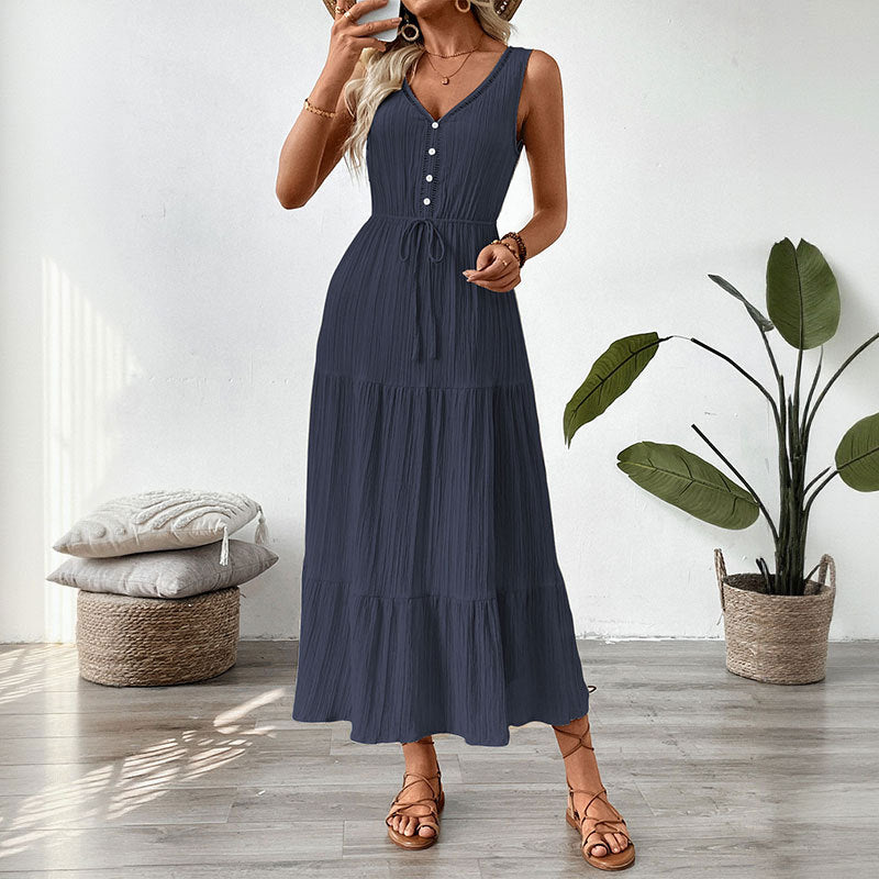 Sleeveless Tiered Maxi Dress with V-Neck and Drawstring Waist