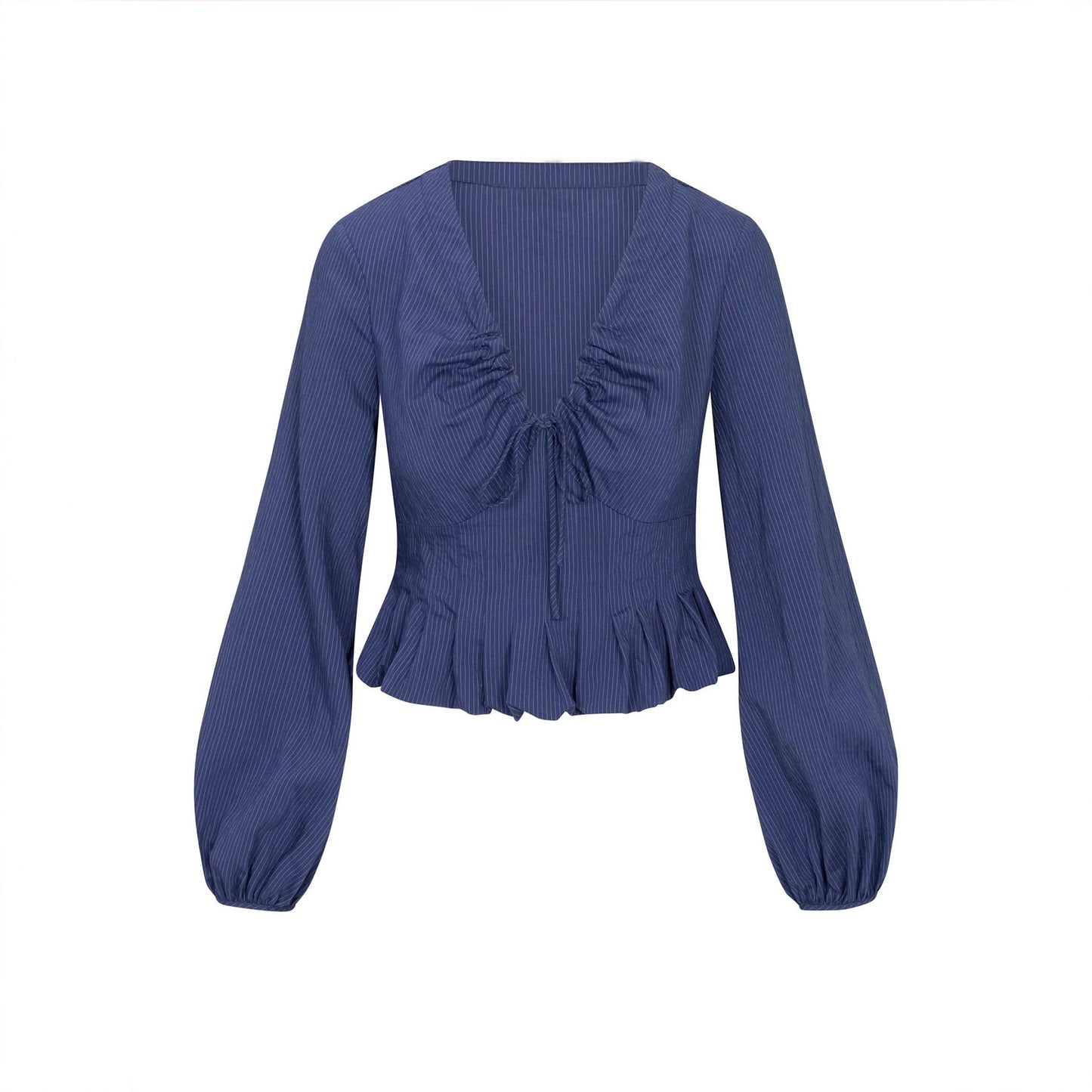 Textured V-Neck Blouse with Drawstring and Ruffled Peplum