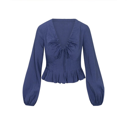 Textured V-Neck Blouse with Drawstring and Ruffled Peplum