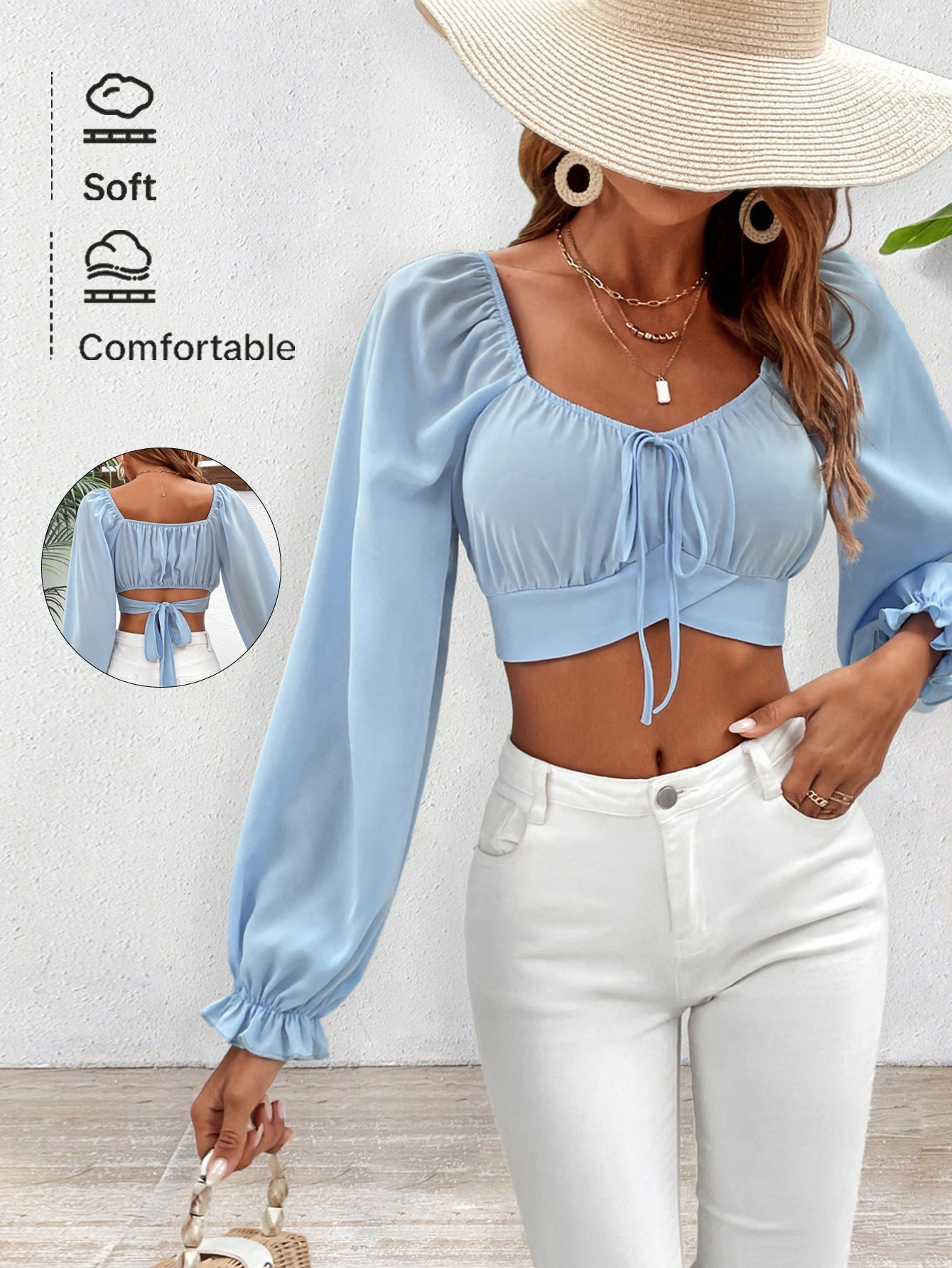 Slim Fit Princess Sleeve Crop Top with U-Neck and Tie-Front