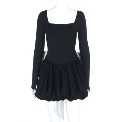 Square Neck Bubble Mini Dress with Contrast Back Bow