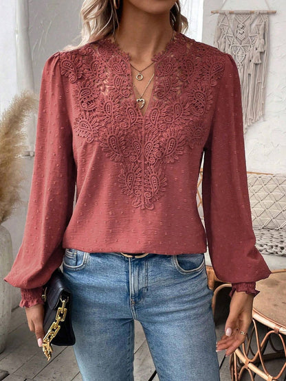 Swiss Dot Blouse with Lace V-Neck and Long Sleeves