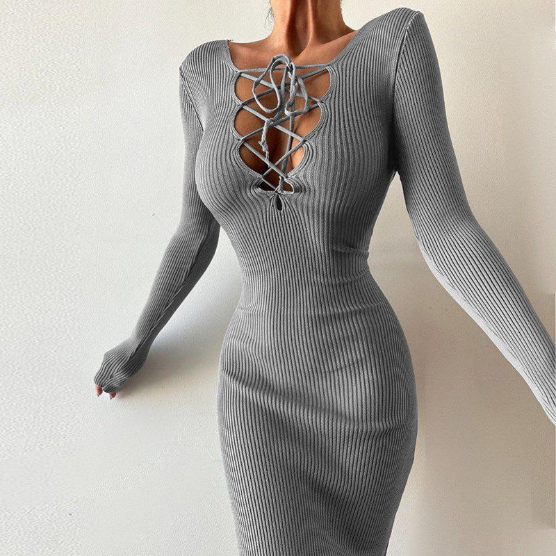Long Sleeve Ribbed Knit Bodycon Midi Dress with Lace-Up V-Neck