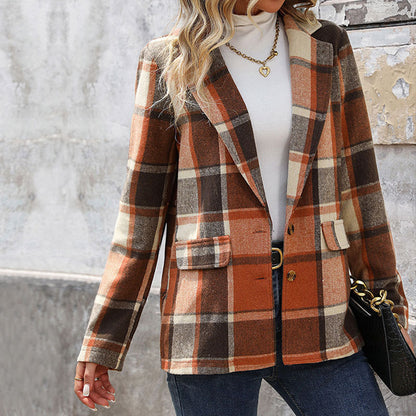 Loose Plaid Blazer with Suit Collar and Brushed Finish