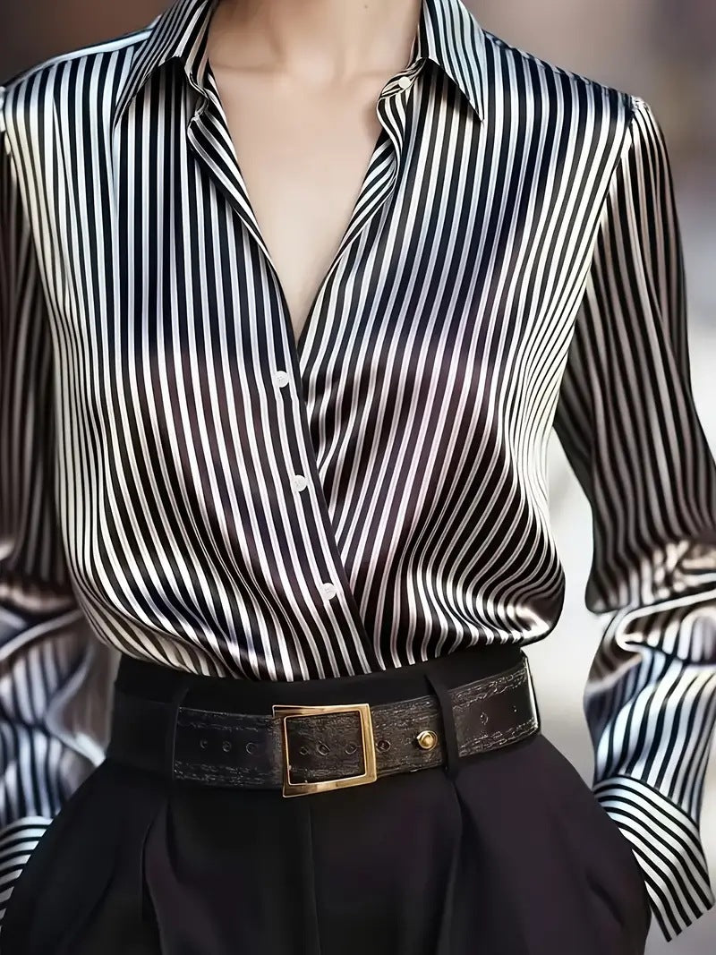 Silky Striped Blouse with Crossover V-Neck