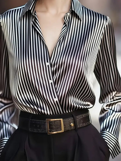 Silky Striped Blouse with Crossover V-Neck