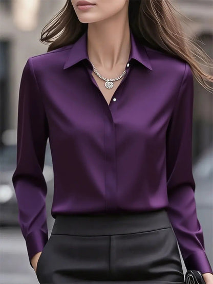 Classic Fit Solid Long-Sleeve Blouse in Silky Polyester