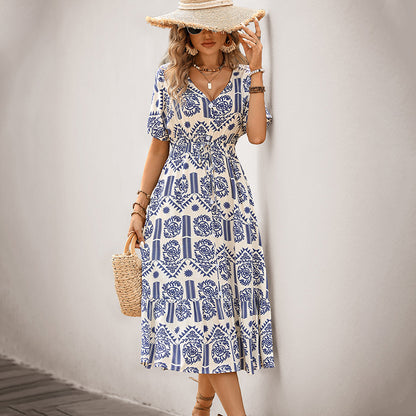 Ethnic Print A-Line Midi Dress with V-Neck