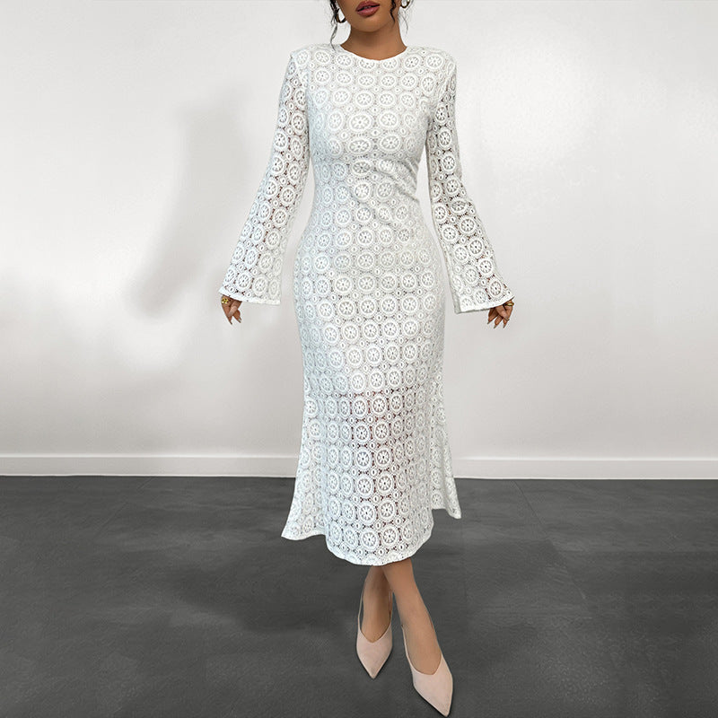 Lace Sheath Midi Dress with Bell Sleeves and Fishtail Hem