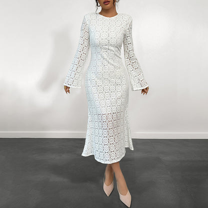 Lace Sheath Midi Dress with Bell Sleeves and Fishtail Hem
