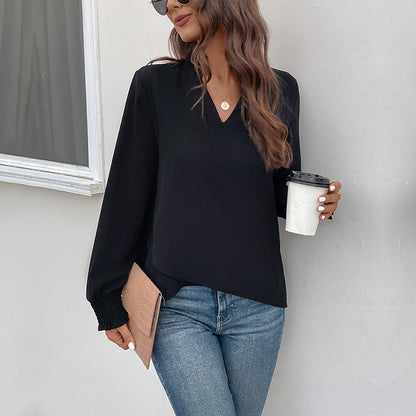 Solid Long-Sleeve Blouse with Notched V-Neck and Smocked Cuffs