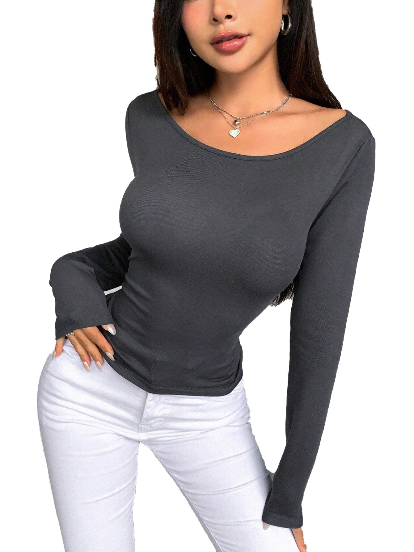 Slim Fit Long Sleeve T-Shirt with U-Neck and Backless Detail