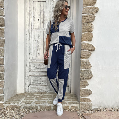 Color Block Lounge Set with Short Sleeve Top and Drawstring Joggers