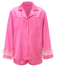Solid Satin Pajama Set with Feather Trim Cuffs