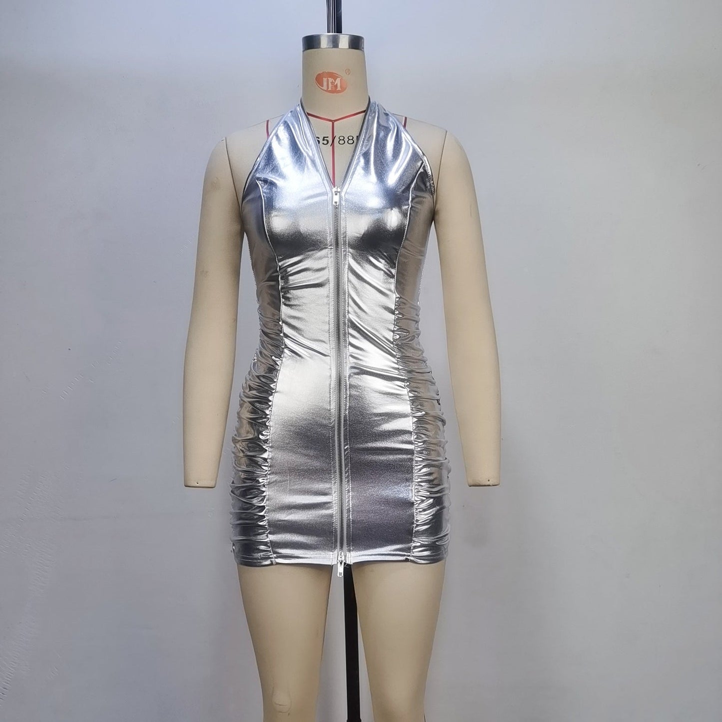 Metallic PU Bodycon Mini Dress with Halter Neck and Front Zipper