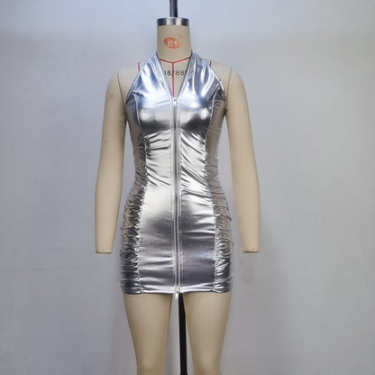 Metallic PU Bodycon Mini Dress with Halter Neck and Front Zipper