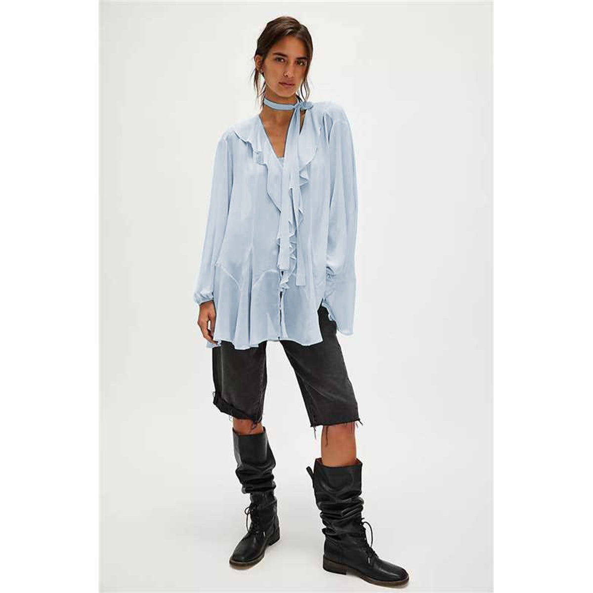 Sheer Ruffle Blouse with Bell Sleeves and Matching Scarf