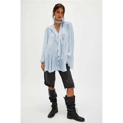 Sheer Ruffle Blouse with Bell Sleeves and Matching Scarf