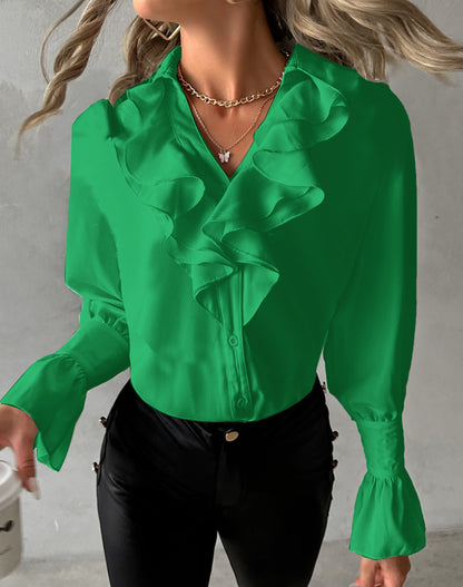 Solid Blouse with Ruffled V-Neck and Flared Cuffs