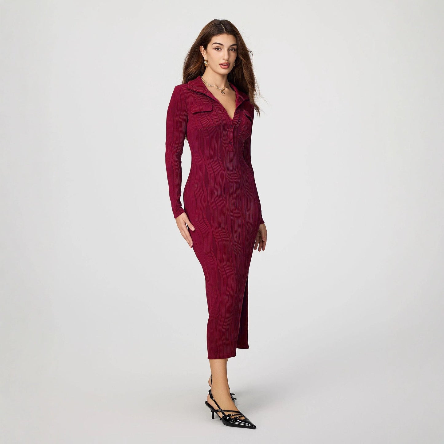 Textured Bodycon Maxi Dress with Polo Collar and Pockets
