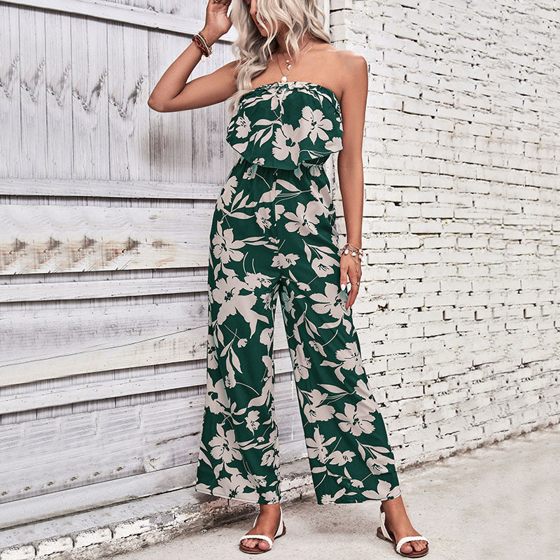 Floral Print Wide-Leg Jumpsuit with Strapless Ruffle Bodice