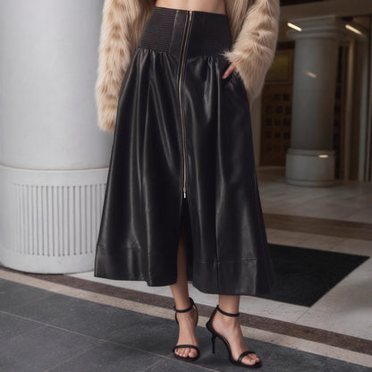 A-Line PU Leather Midi Skirt with Shirred Waist and Front Zipper