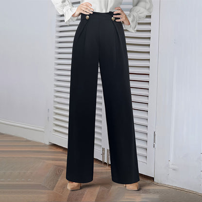 High-Waist Wide-Leg Knit Pants with Pleats and Buttons