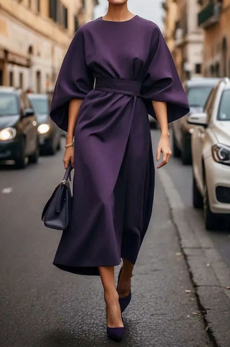 Midi Faux Wrap Dress with Dolman Sleeves