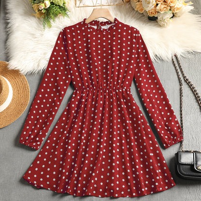 Polka Dot A-Line Dress with Ruffled Mock Neck and Long Sleeves