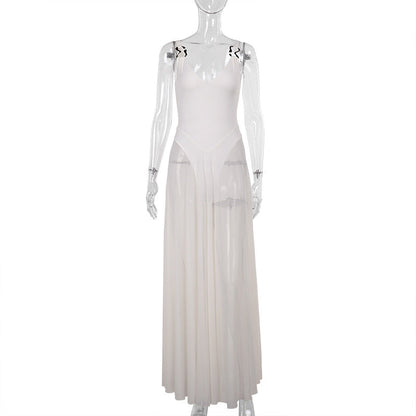 A-Line Maxi Dress with Leopard Print and Sheer Pleated Skirt