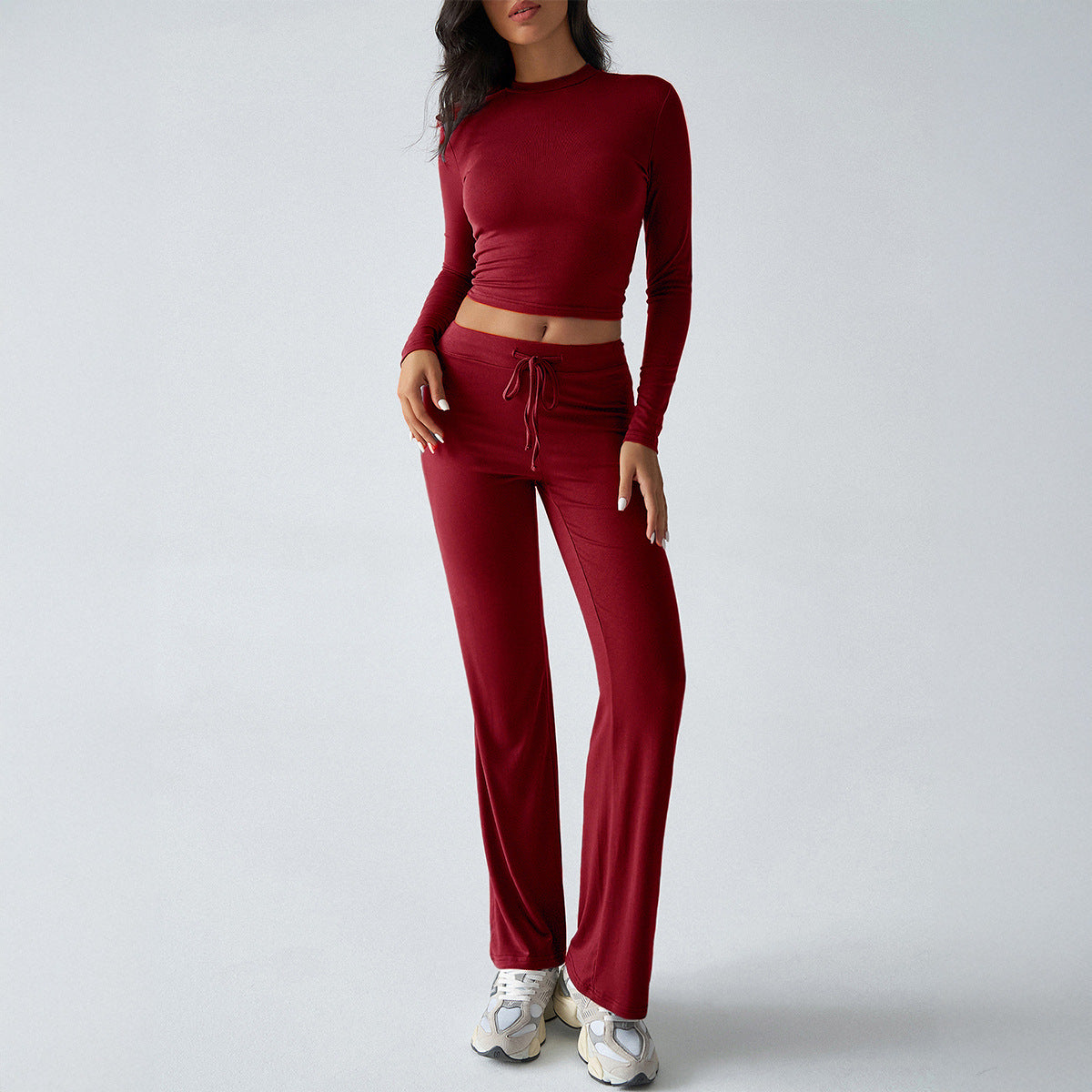 Solid Cropped Long-Sleeve Top & Straight-Leg Pants Loungewear Set
