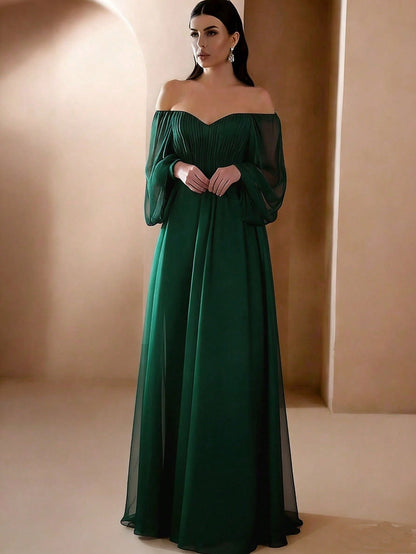 A-Line Maxi Dress with Off-Shoulder Balloon Sleeves