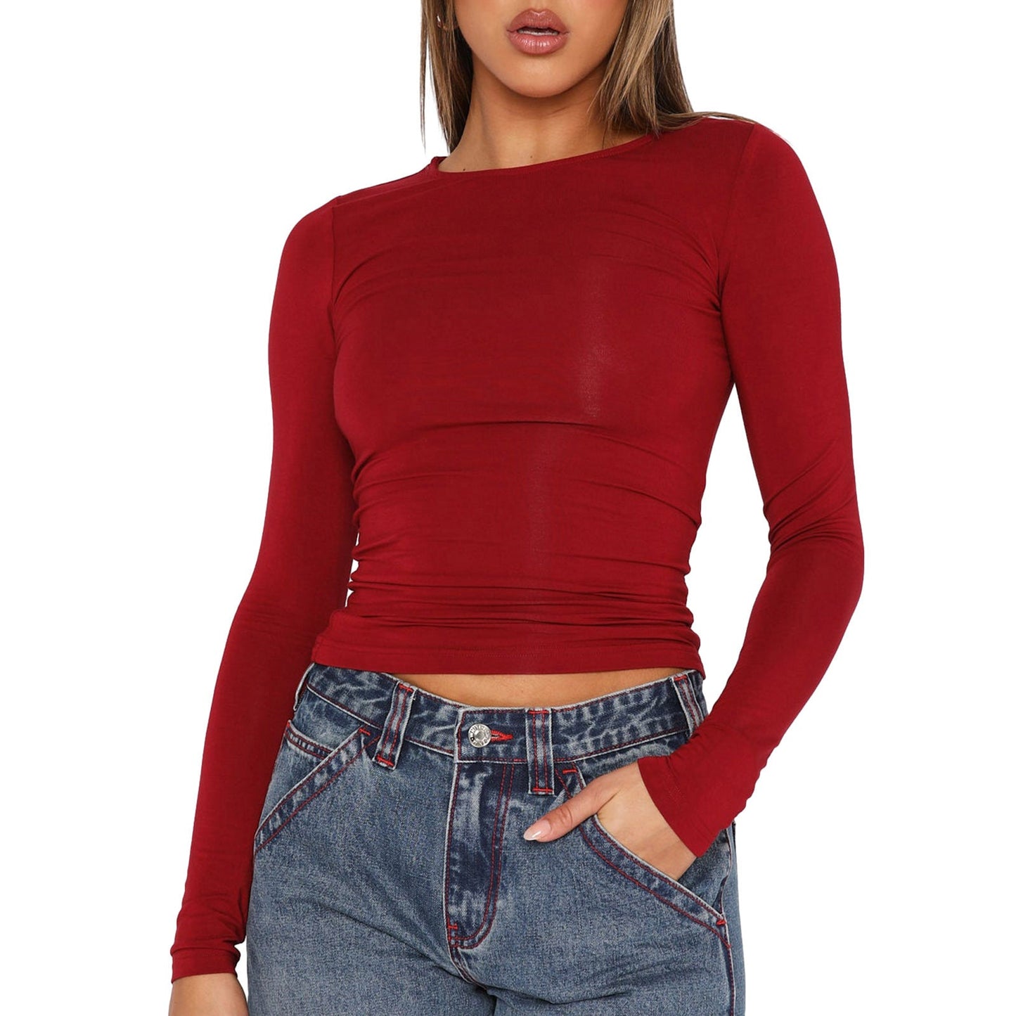 Slim Fit Long Sleeve Crewneck Top in Solid Colors