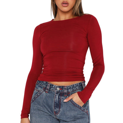 Slim Fit Long Sleeve Crewneck Top in Solid Colors