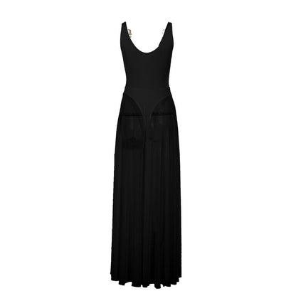 A-Line Maxi Dress with Leopard Print and Sheer Pleated Skirt