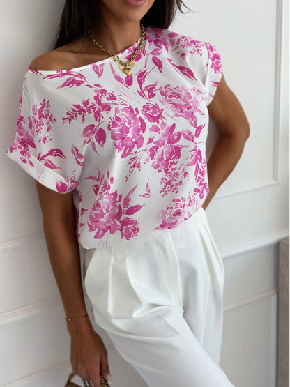 Loose Floral Print Blouse with Round Neck and Short Sleeves